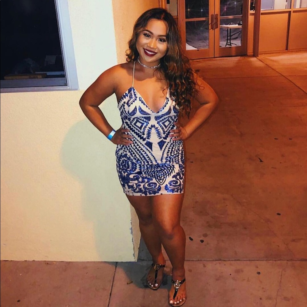 Blue Sequin Tan bodycon dress
